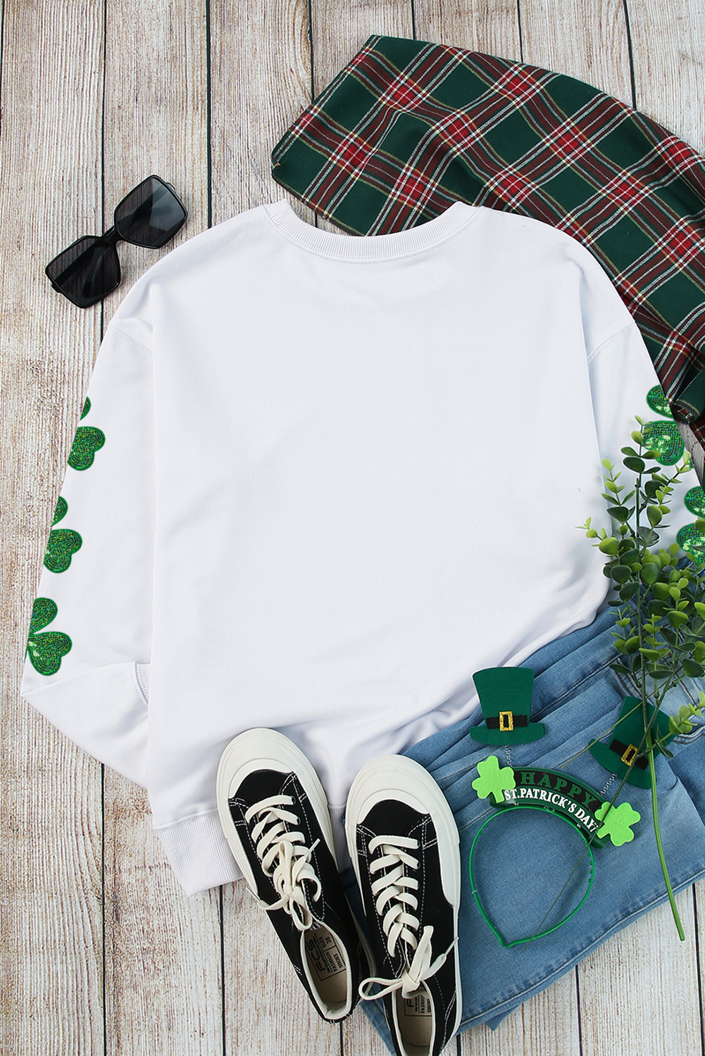 White Sequin lucky Lettering Clover Patched Sleeve Drop Shoulder Sweatshirt - loveforevers