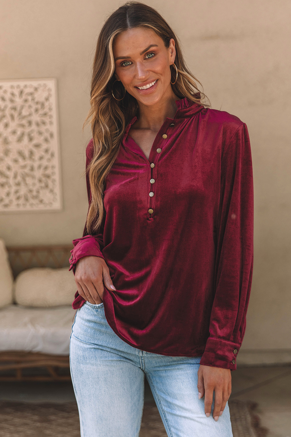 Burgundy Frilled Neck Buttoned Front Velvet Top - loveforevers