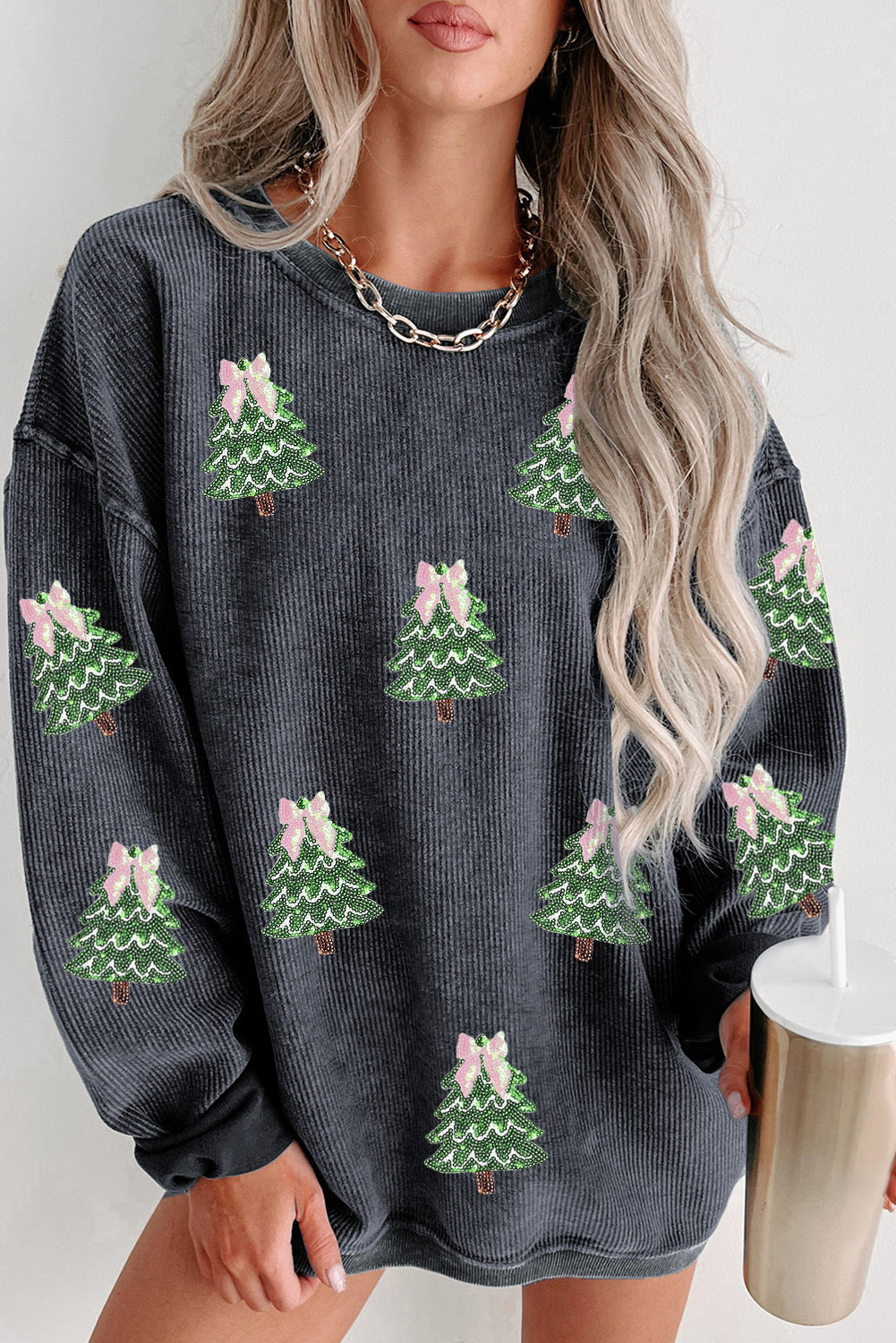 Gray Ribbed Round Neck Sequin Christmas Tree Patched Baggy Sweatshirt - loveforevers