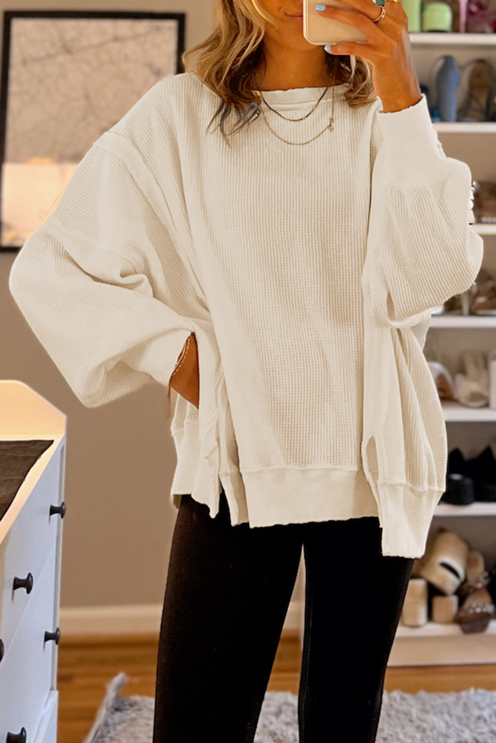 White Waffle knit Bishop Sleeve Split Oversized Top - loveforevers