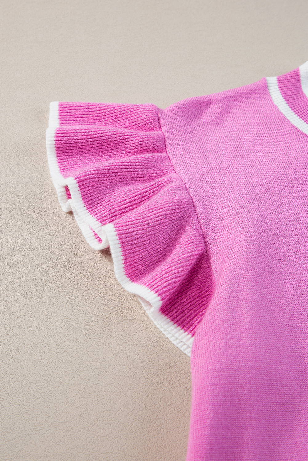 Bonbon Edge Piping Ruffled Sleeve Round Neck Knit Top - loveforevers