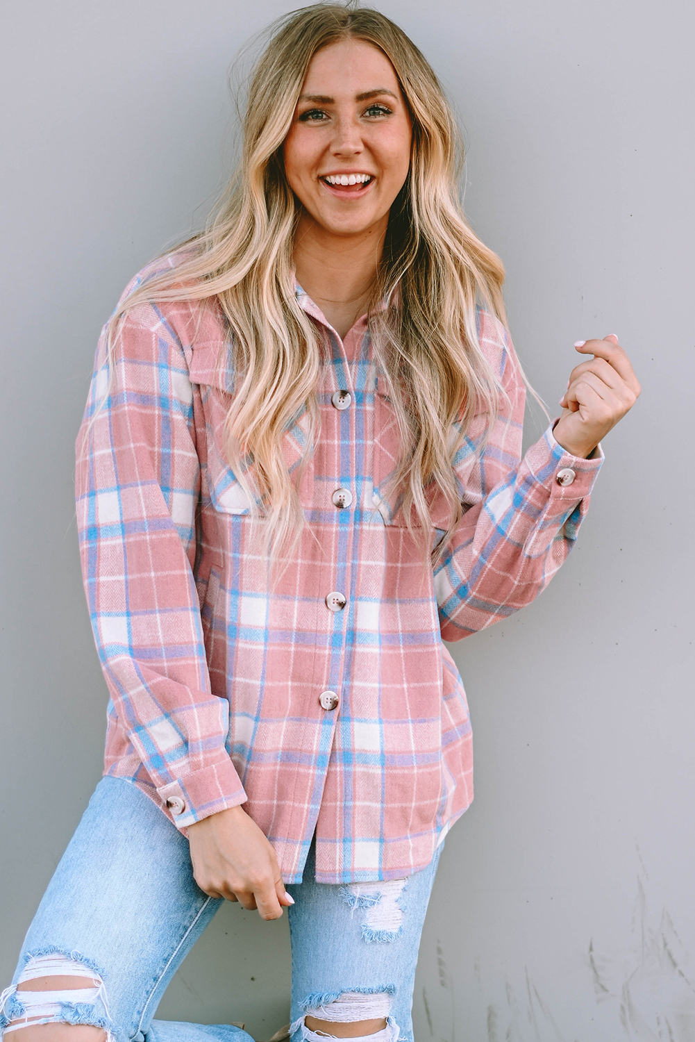 Pink Plaid Flap Pocket Flannel Shacket - loveforevers