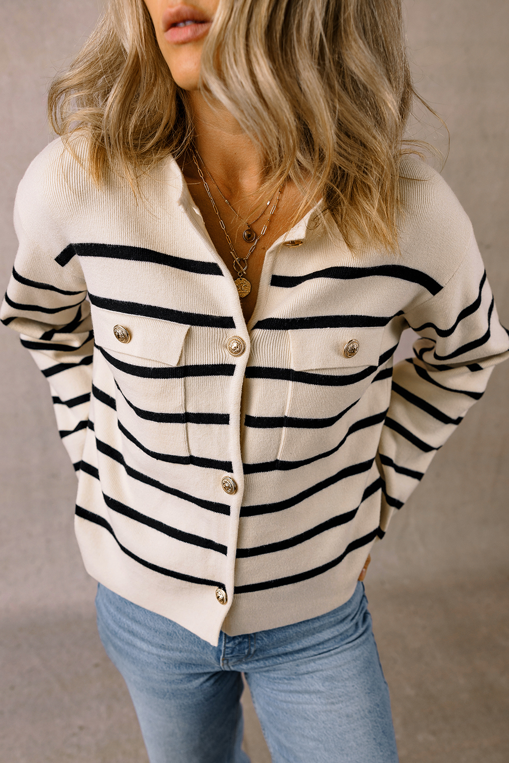 Black Stripe Flap Pocket Buttoned Cardigan Sweater - loveforevers