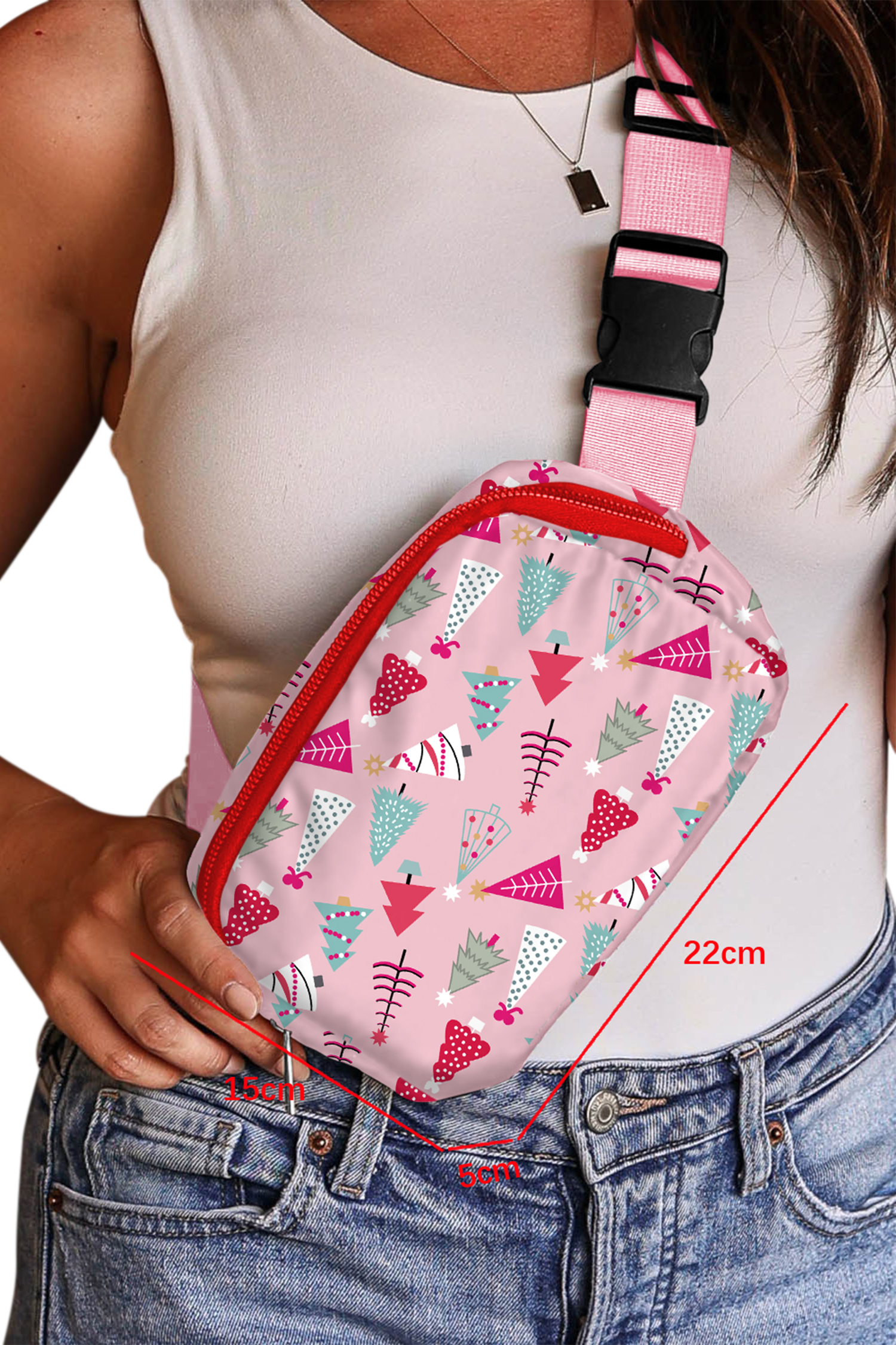 Pink Christmas Tree Print Buckle Wide Strap Sling Bag - loveforevers