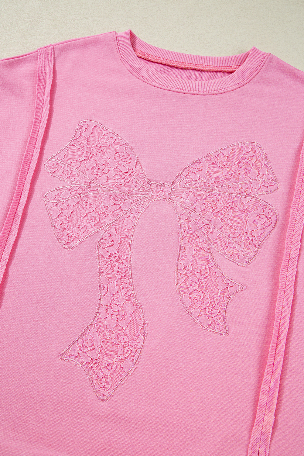 Bonbon Lace Insert Bow Embroidered Exposed Seam Sweatshirt - loveforevers