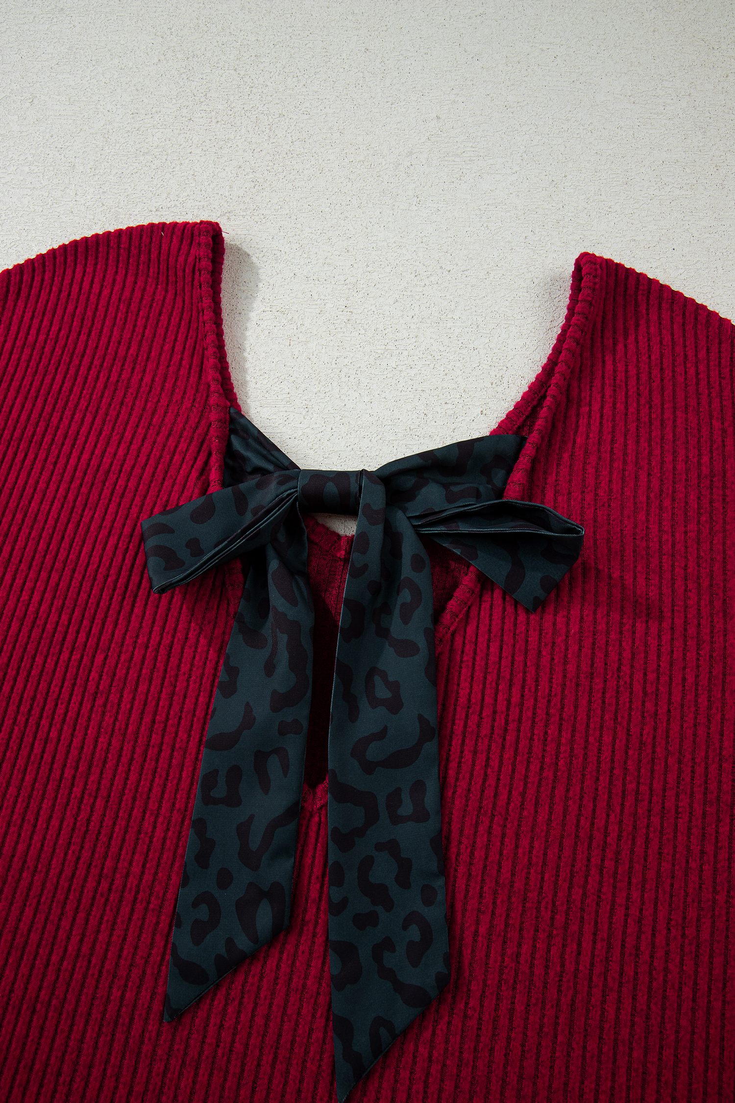 Racing Red Ribbed V Neck Contrast Ribbon Bow Back Drop Shoulder Long Sleeve Top - loveforevers