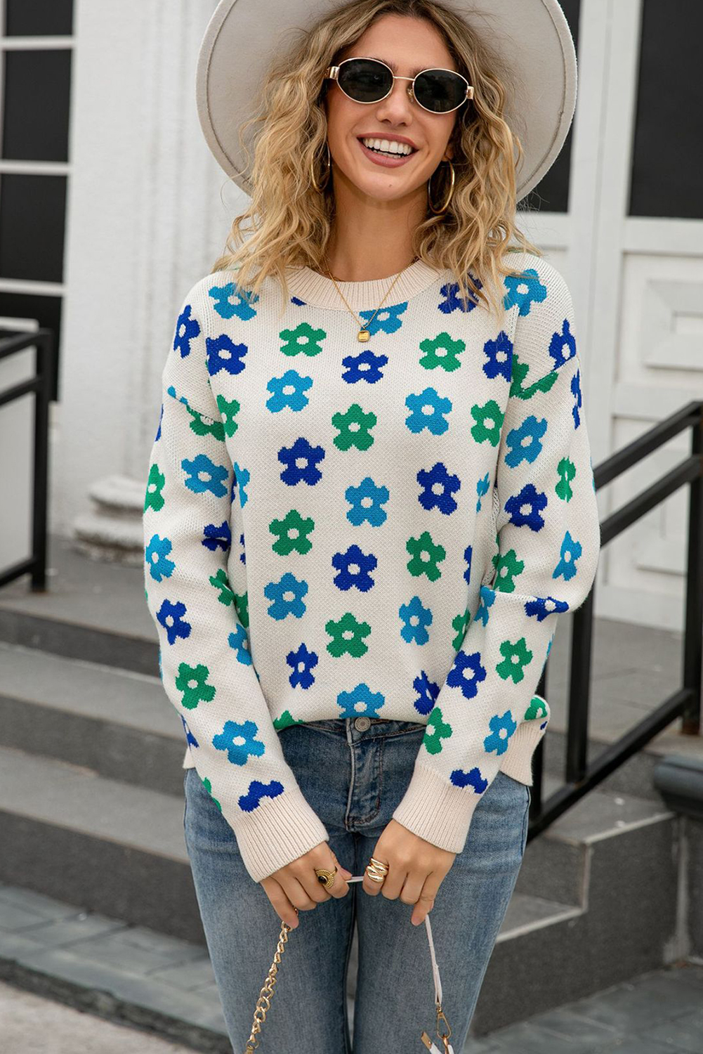 Apricot Cute Flower Allover Ribbed Trimmed Drop Shoulder Pullover Sweater - loveforevers