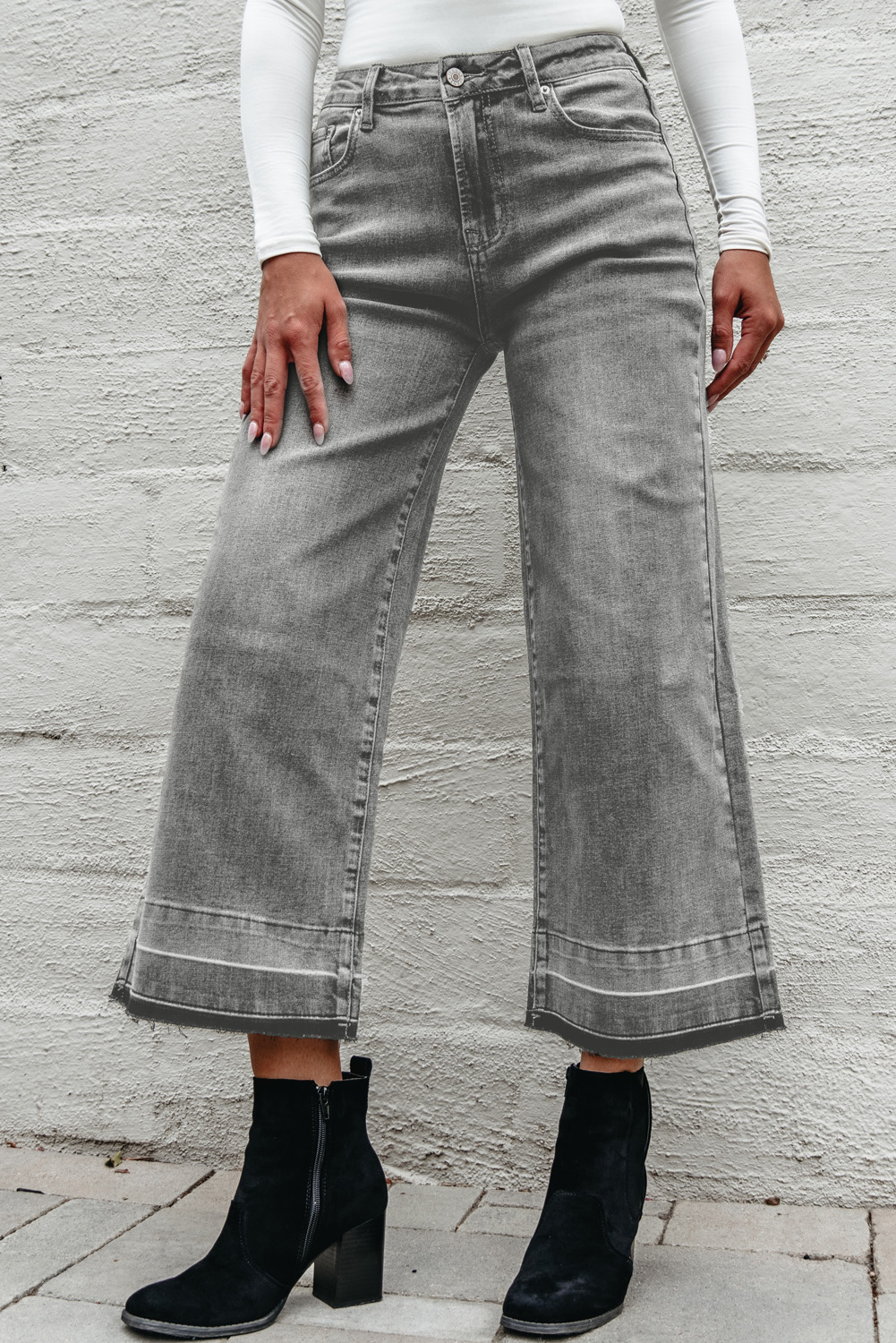 Gray Raw Hem Straight Leg Loose High Waist Jeans - loveforevers
