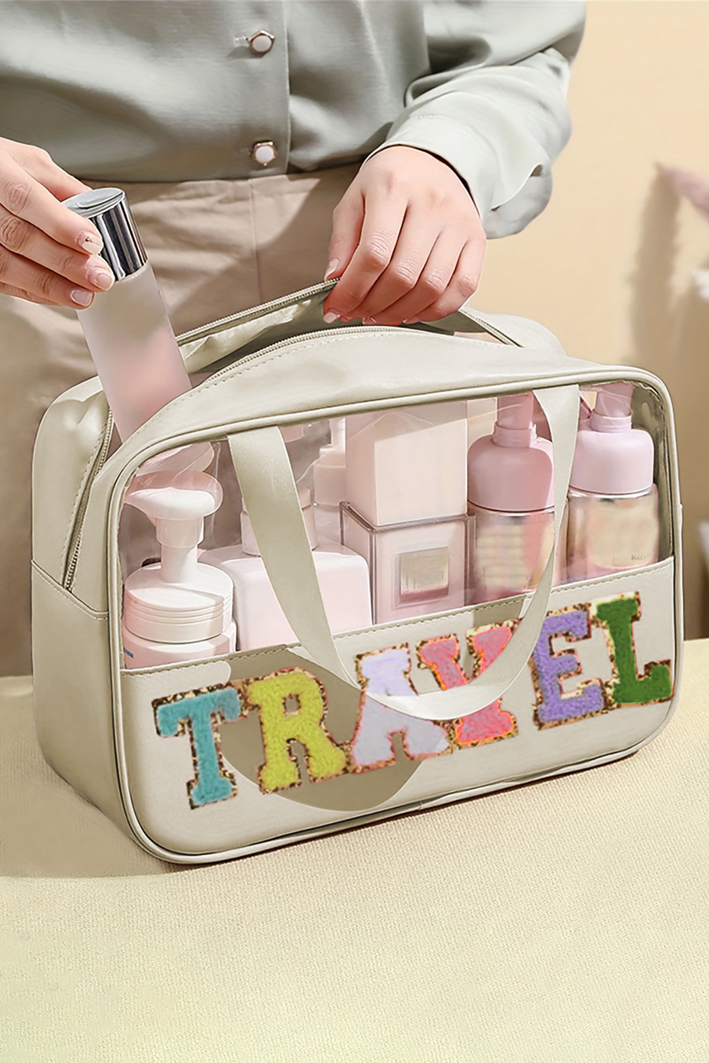 Light Pink TRAVEL Chenille Letter Clear PVC Makeup Bag - loveforevers