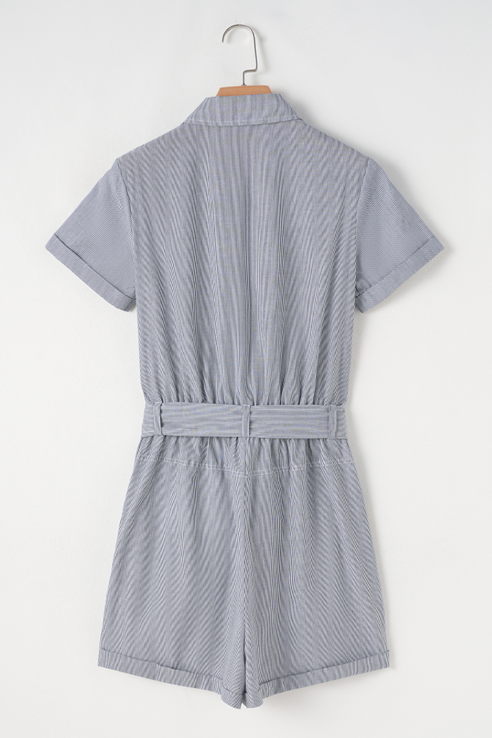 Blue Stripe Chest Pockets Buttoned Belted High Waist Romper - loveforevers