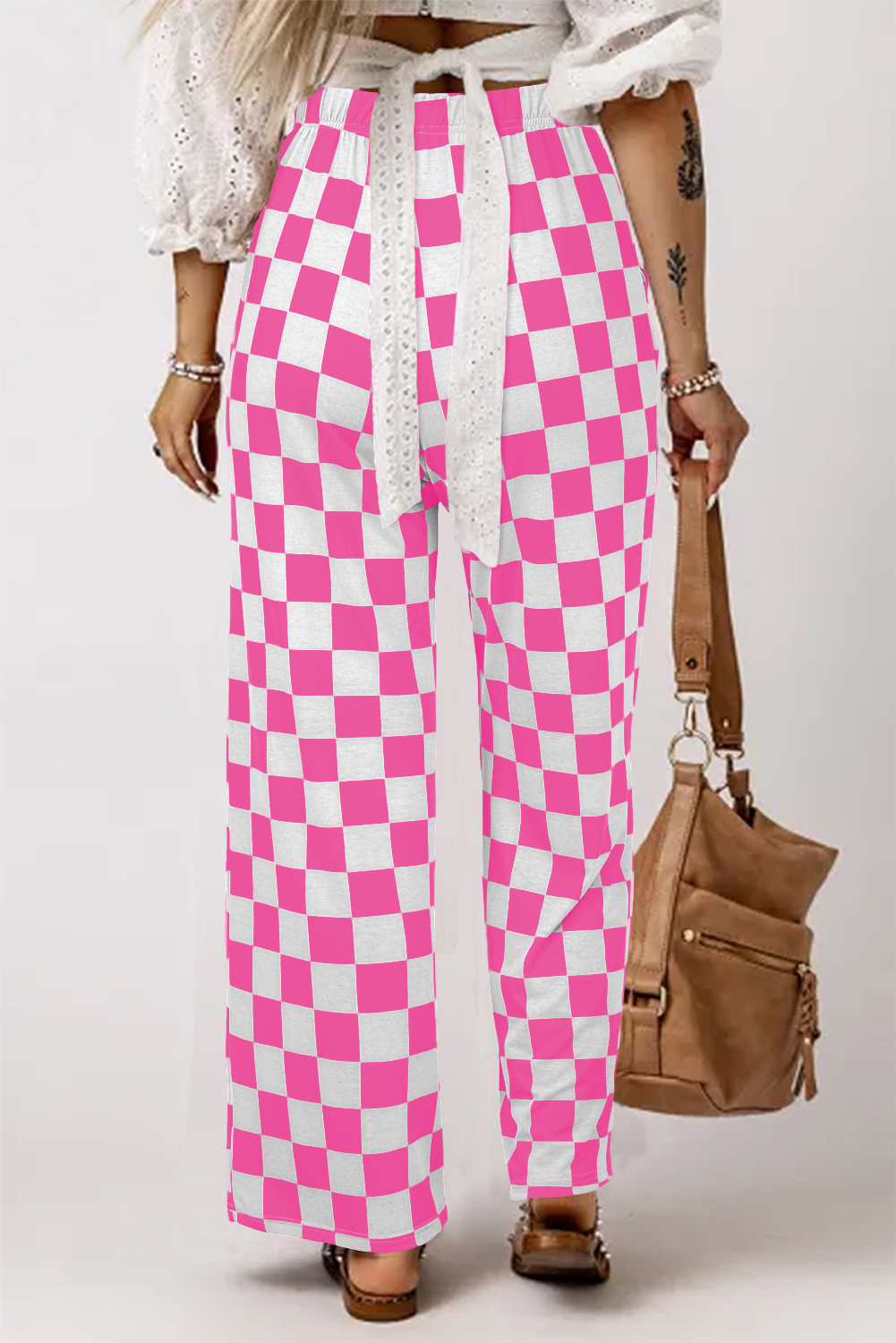 Black 2-Tone Checked Print High Waist Wide Leg Pants - loveforevers