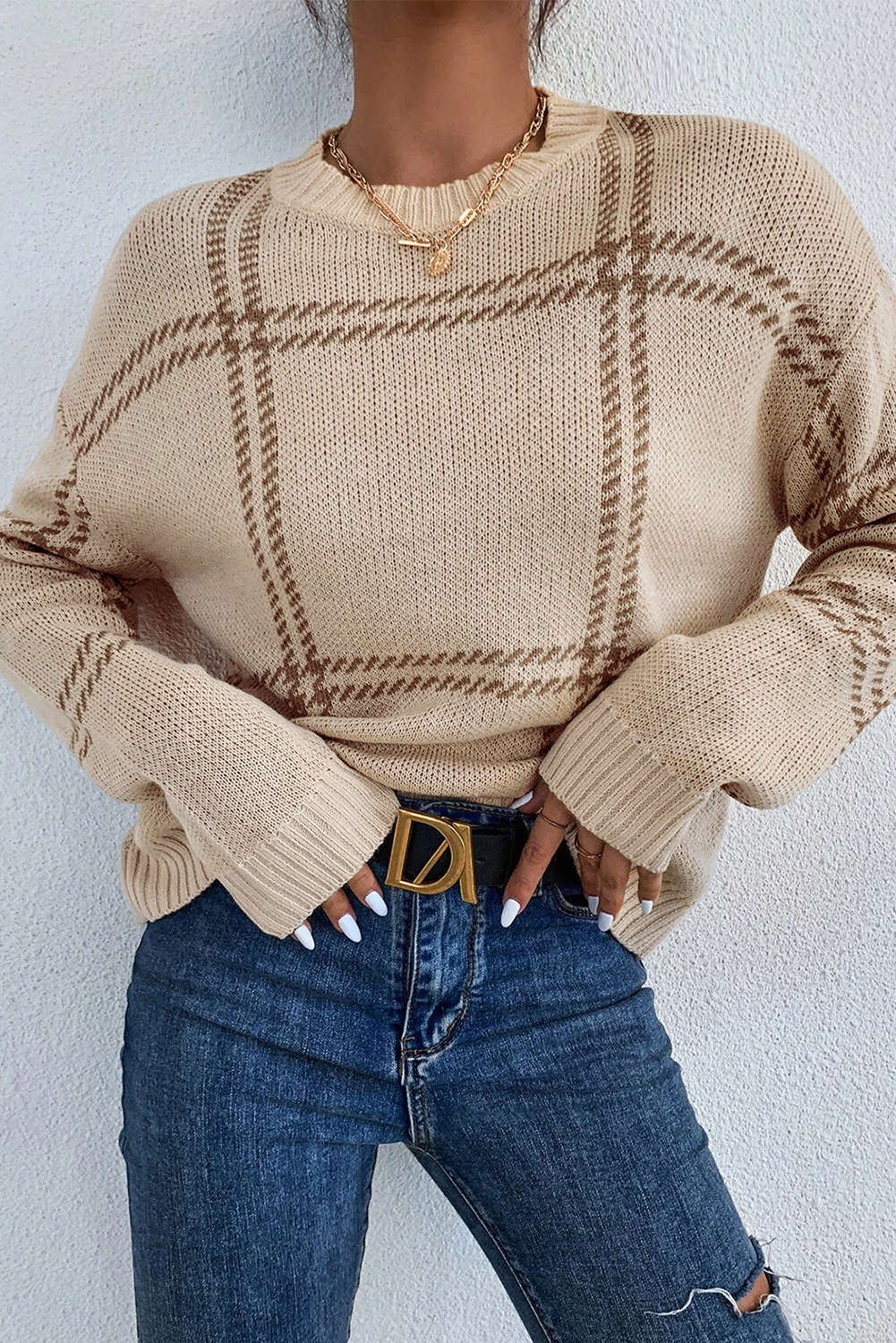 Khaki Plaid Pattern Knitted Drop Shoulder Sweater - loveforevers