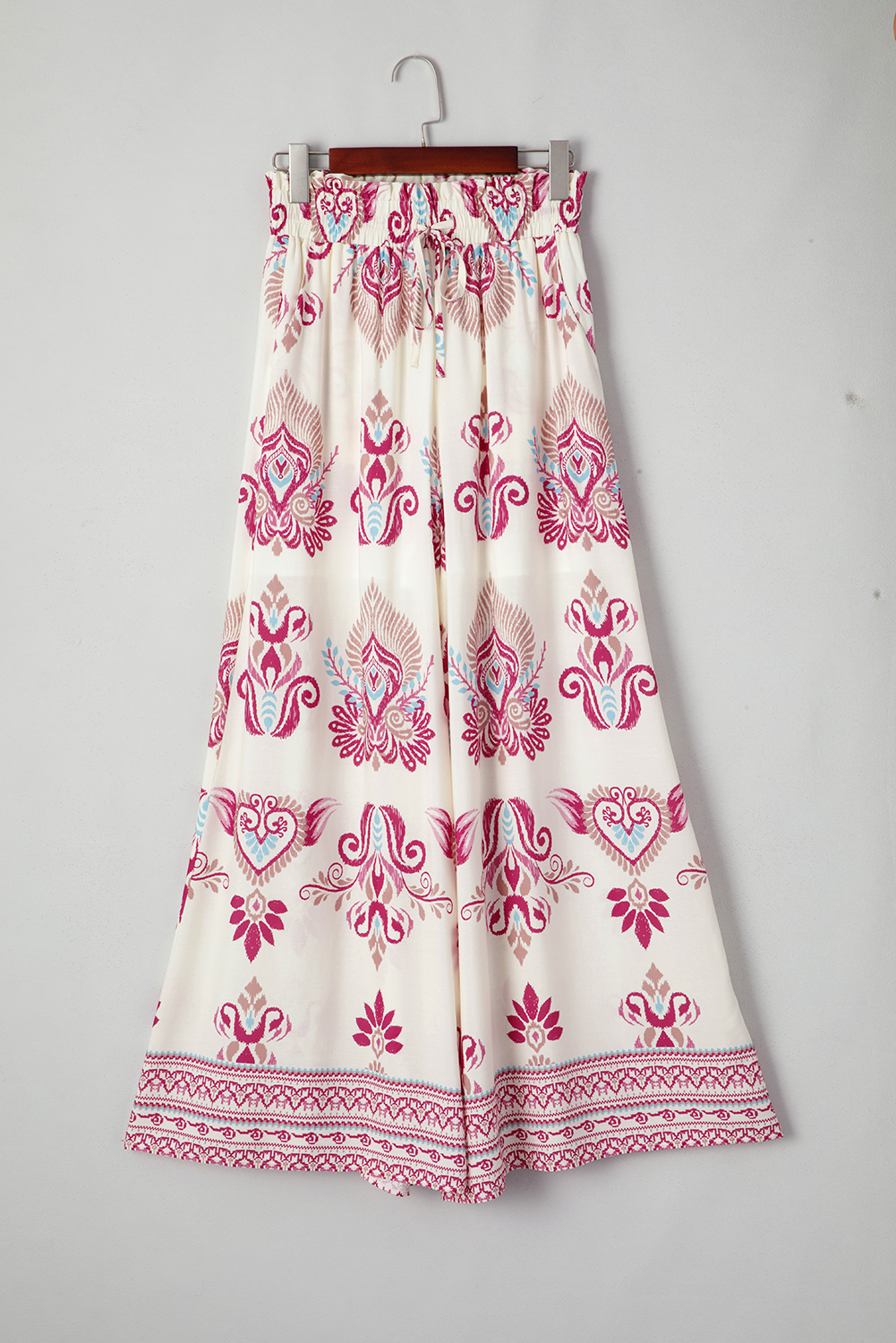 Rose Boho Printed Shirred High Waist Flowy Wide Leg Pants - loveforevers