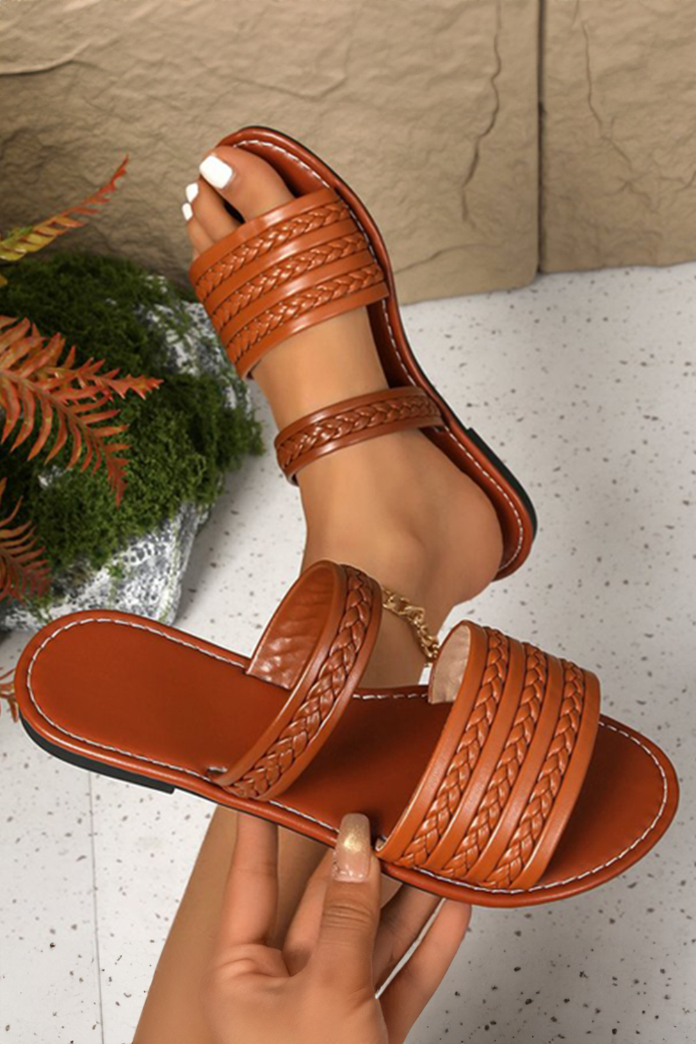 Coffee Woven Band Faux Leather Flat Slippers - loveforevers