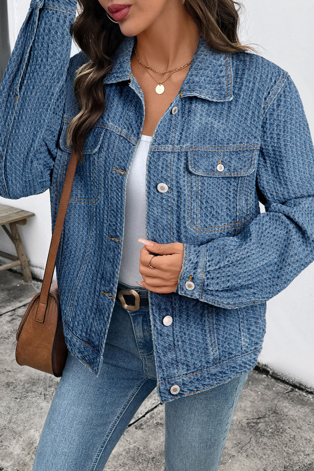 Blue Double Flap Pocket Denim Textured Button Down Jacket - loveforevers