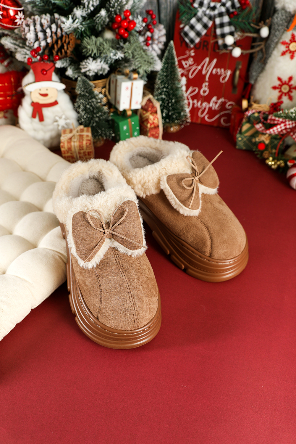 Straw Yellow Cozy Faux Fur Lined Bow Decor Clog Slippers - loveforevers