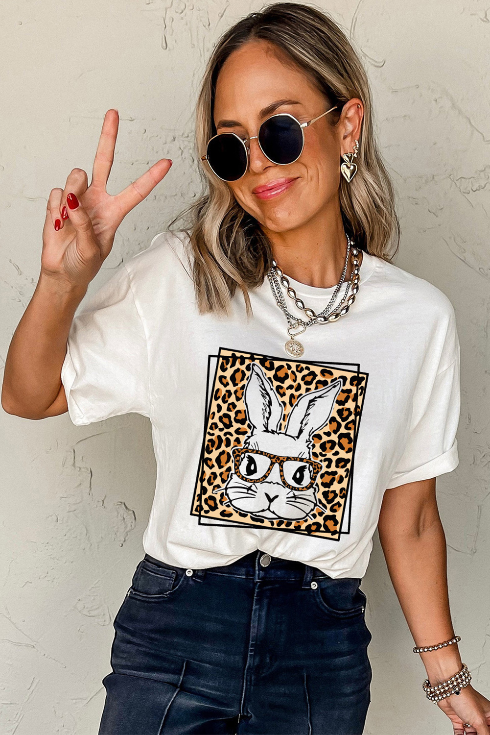 White Leopard Cute Bunny Graphic Crewneck Easter Tee - loveforevers