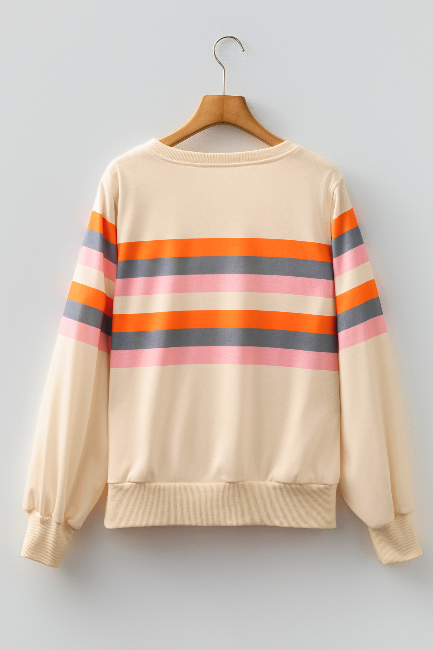 Beige Stripe Puff Sleeve Casual Pullover Sweatshirt - loveforevers