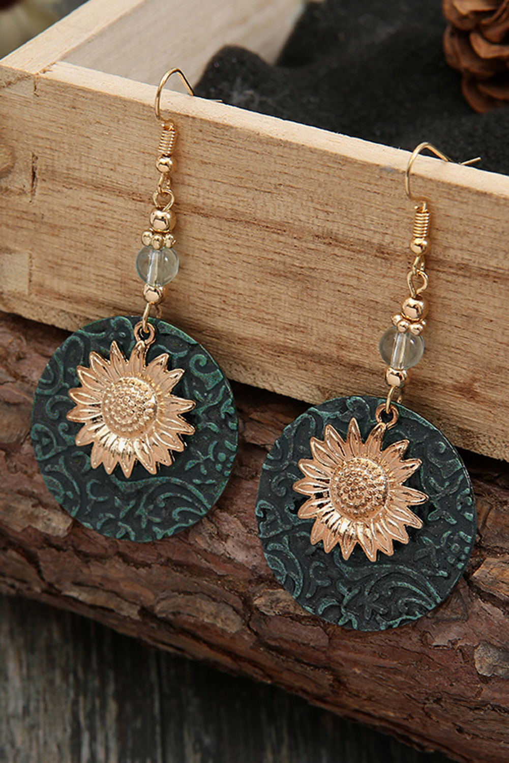 Real Teal Retro Sunflower Disc Alloy Dangle Earrings - loveforevers