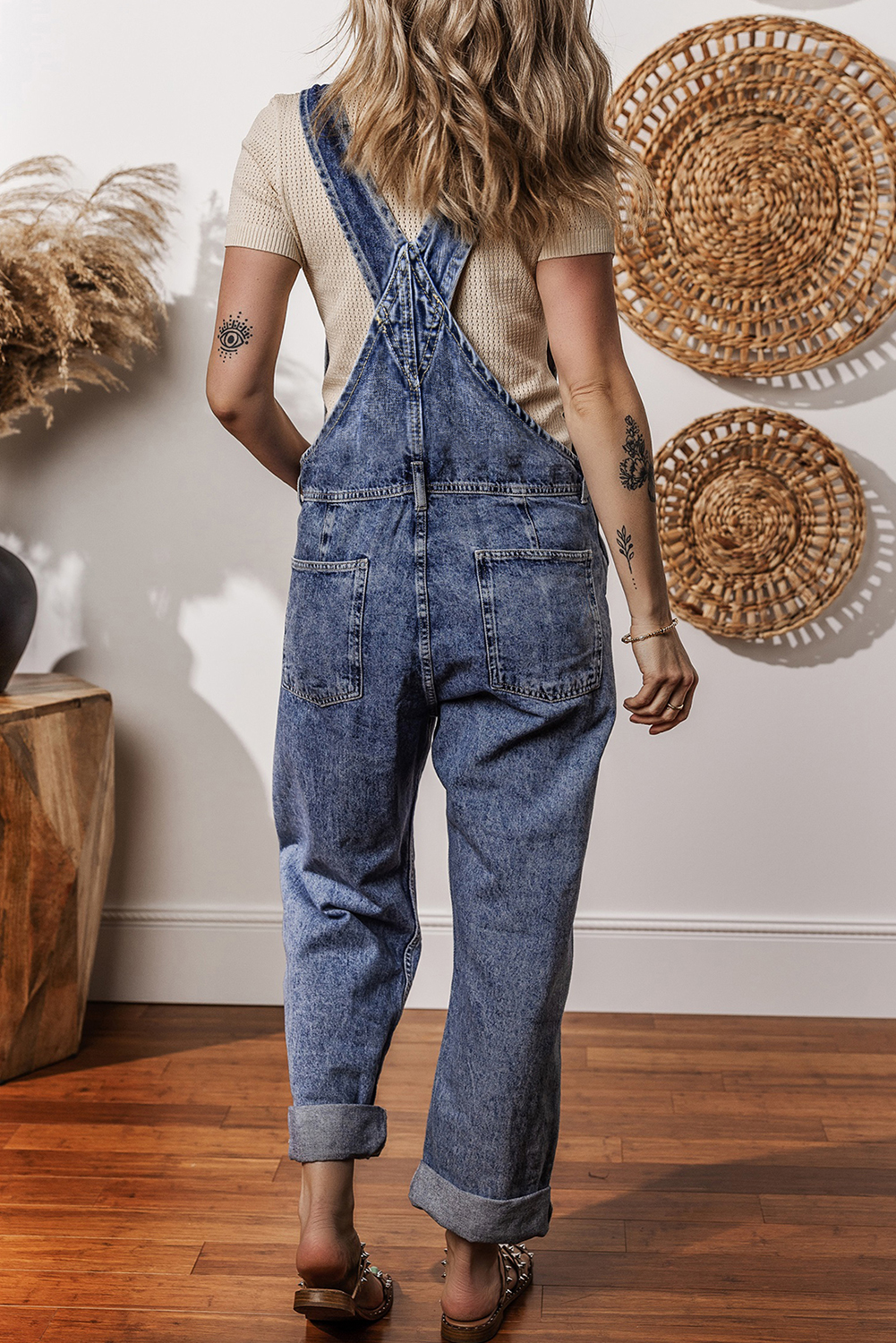 Sail Blue Denim Bib Straight Leg Jumpsuit with Pockets - loveforevers