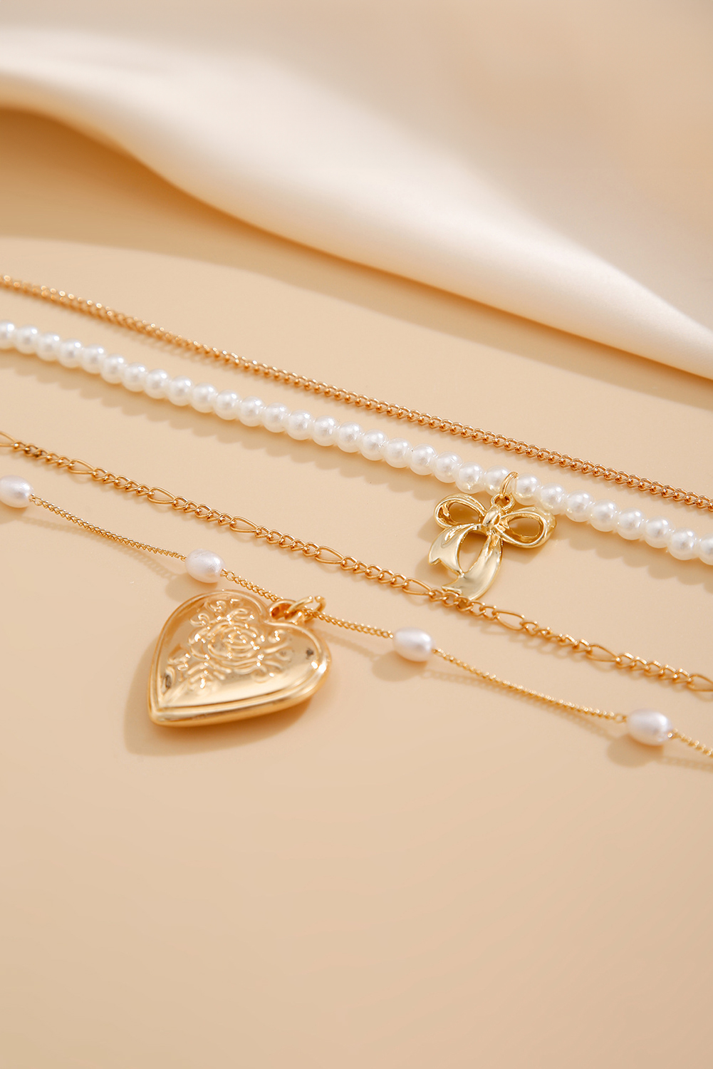 Gold Plated Bow Heart Pendant Pearl Beading Multilayer Necklace - loveforevers