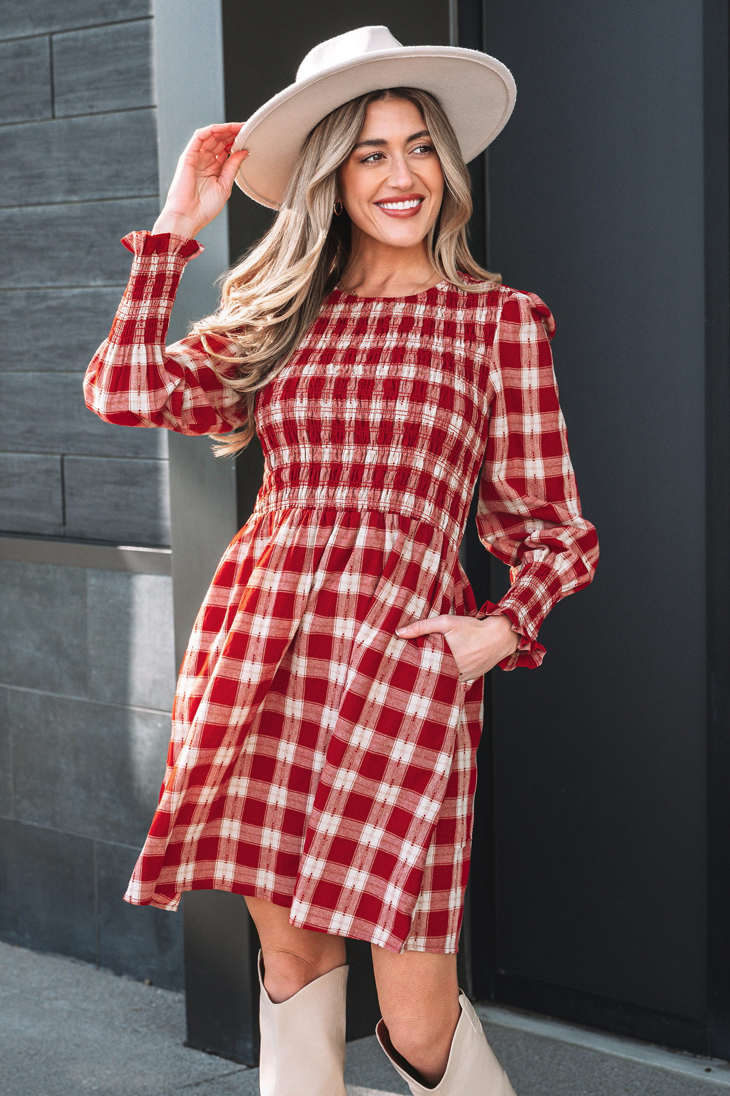 Red Plaid Print Smocked Puff Sleeve Mini Dress - loveforevers