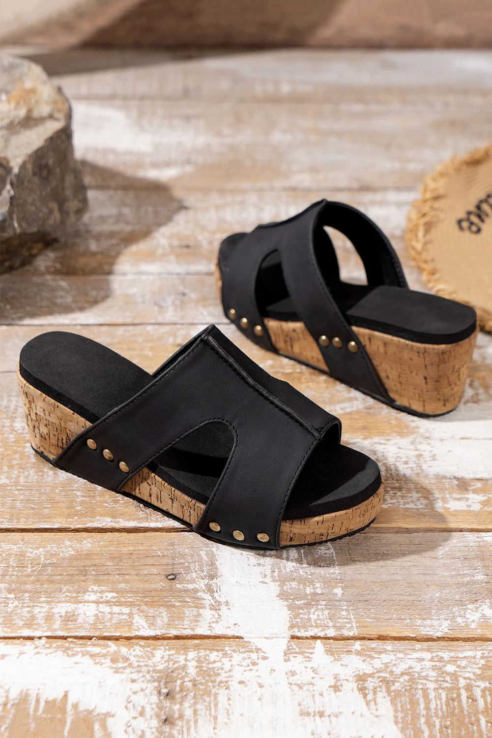 Black Cut Out Rivet Slip-on Wedge Slippers - loveforevers