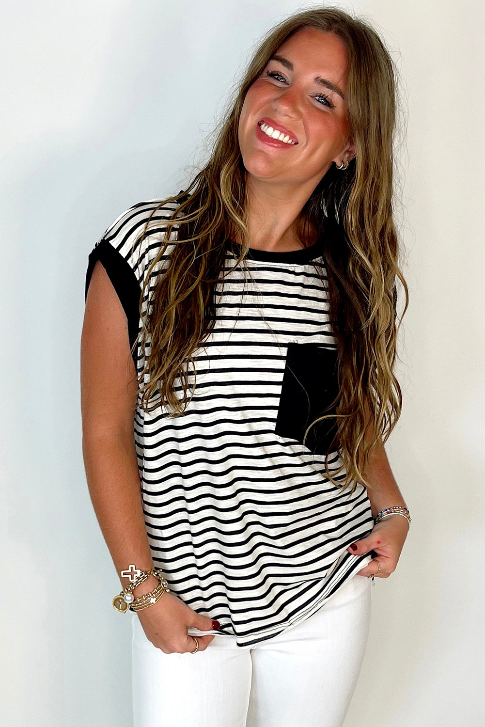 Red Stripe Chest Pocket Patch Round Neck Tank Top - loveforevers
