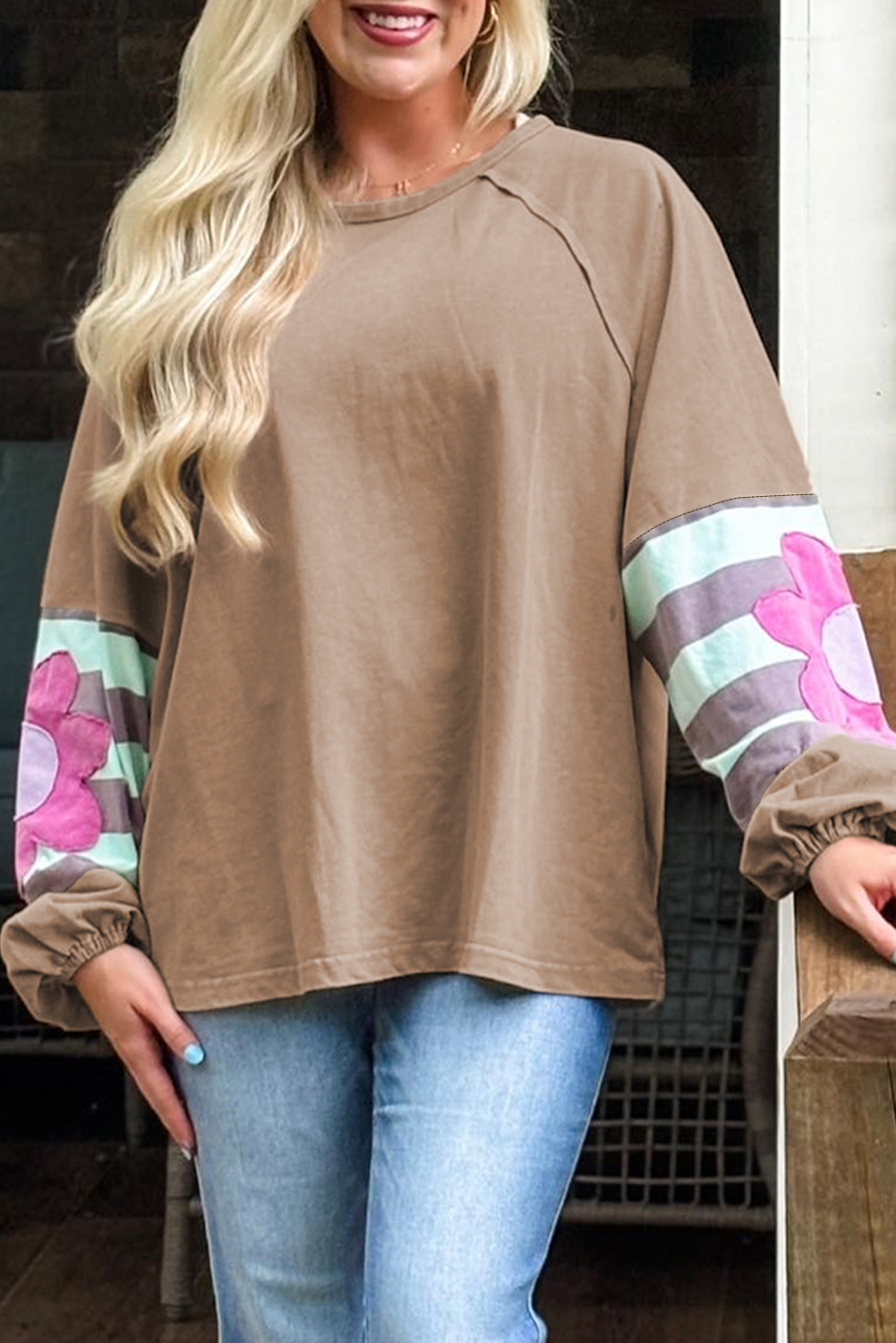 Light French Beige Flower Striped Patchwork Puff Sleeve Loose Sweatshirt - loveforevers