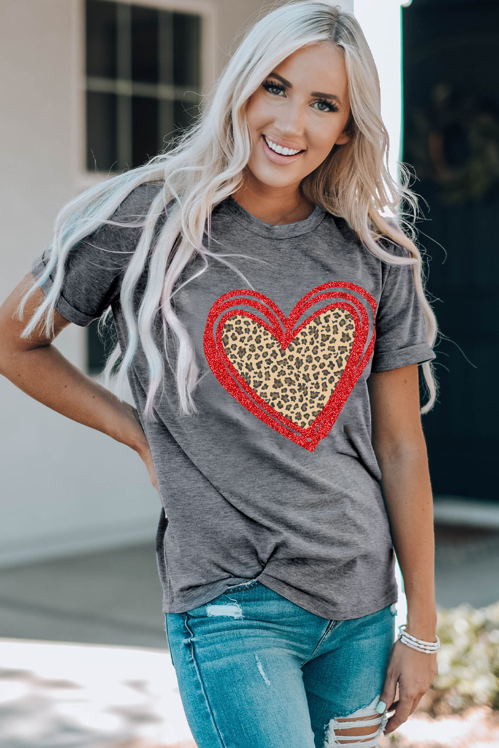 Gray Sequin Leopard Heart Graphic T-shirt - loveforevers