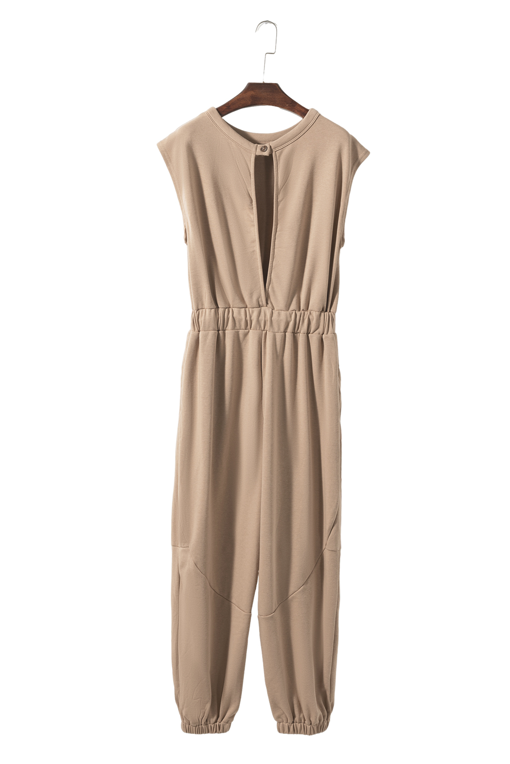 Light French Beige Cap Sleeve Open Back Drawstring Jogger Jumpsuit - loveforevers