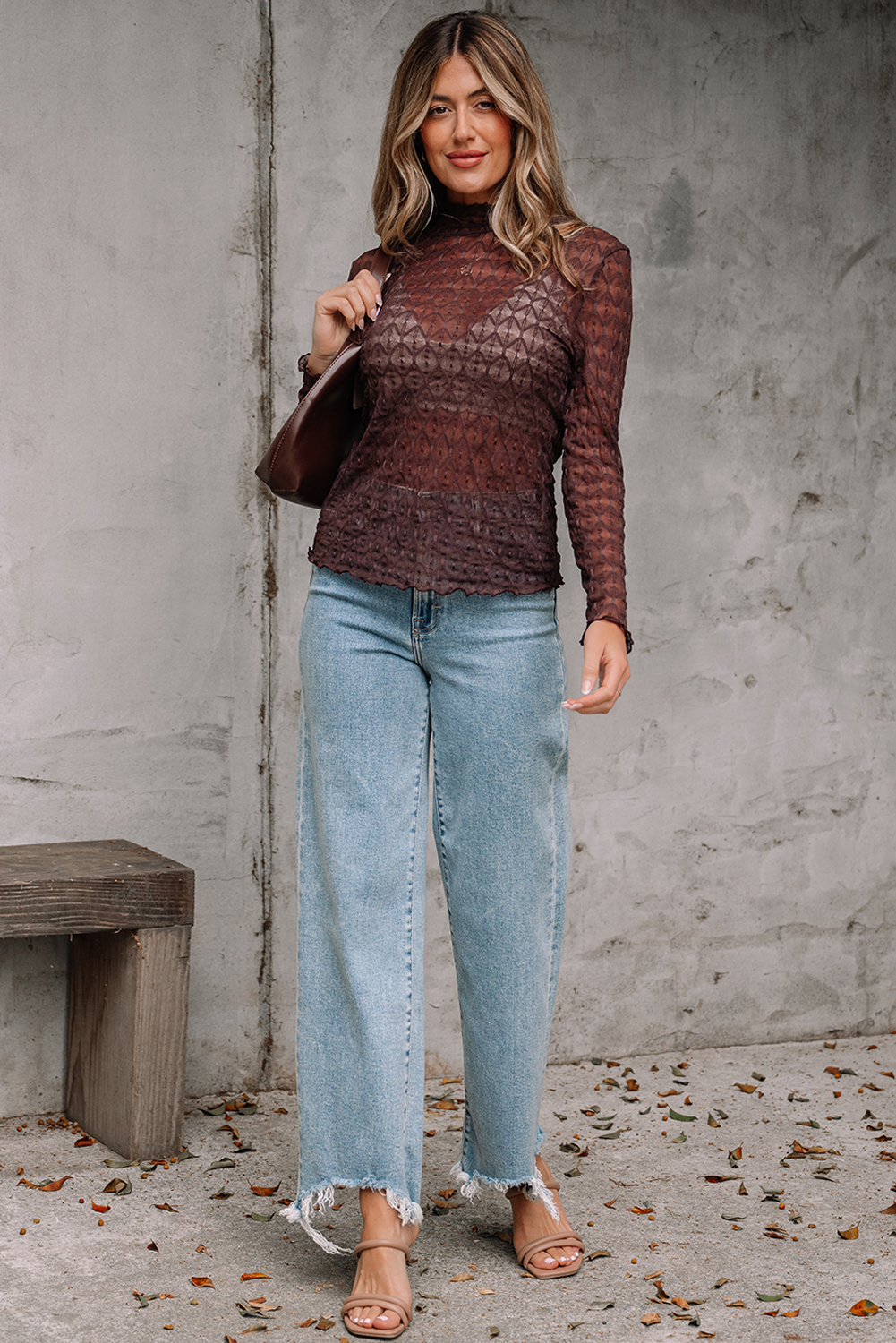 Coffee Sheer Mesh Patterned Lettuce Trim Slim Long Sleeve Top - loveforevers