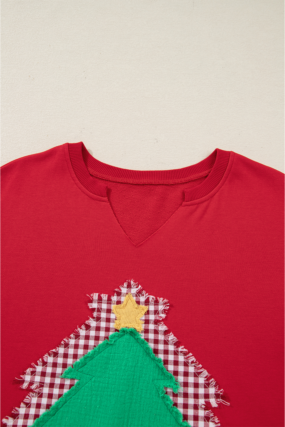 Fiery Red Plaid Frayed Double Christmas Tree Patched Drop Shoulder Sweatshirt - loveforevers