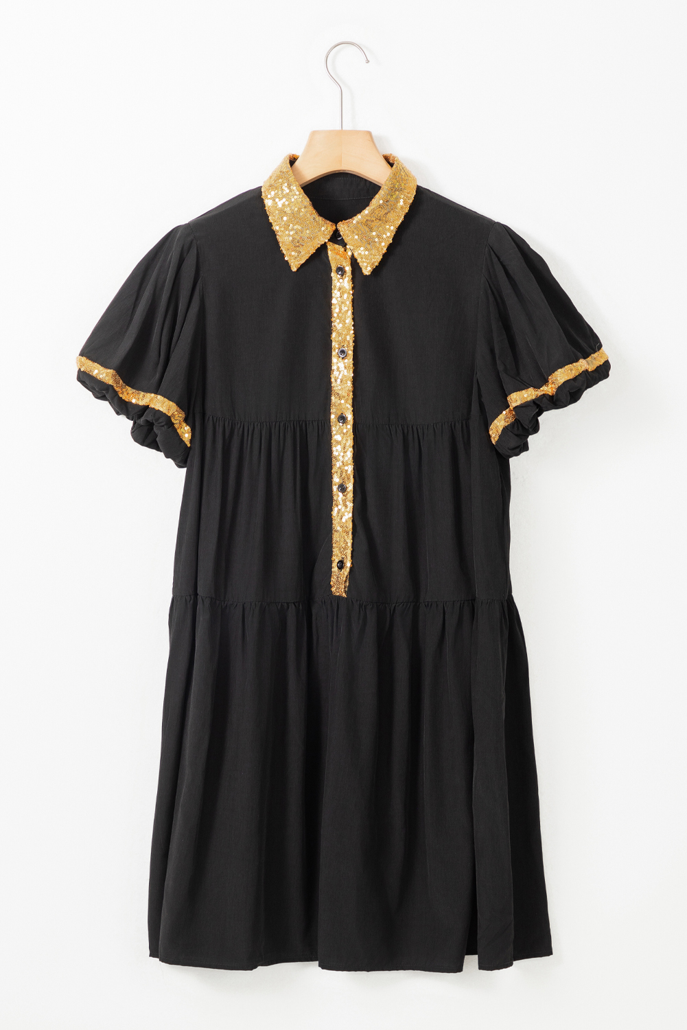 Black Sequin Trim Bubble Sleeve Game Day Shirt Dress - loveforevers