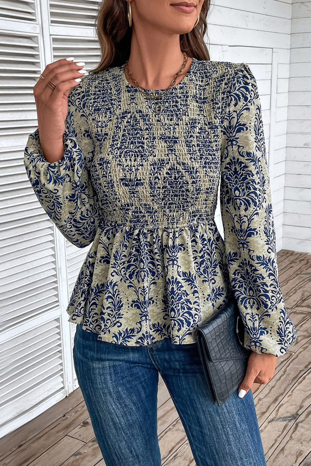 Sky Blue Boho Printed Balloon Sleeve Smocked Peplum Blouse - loveforevers