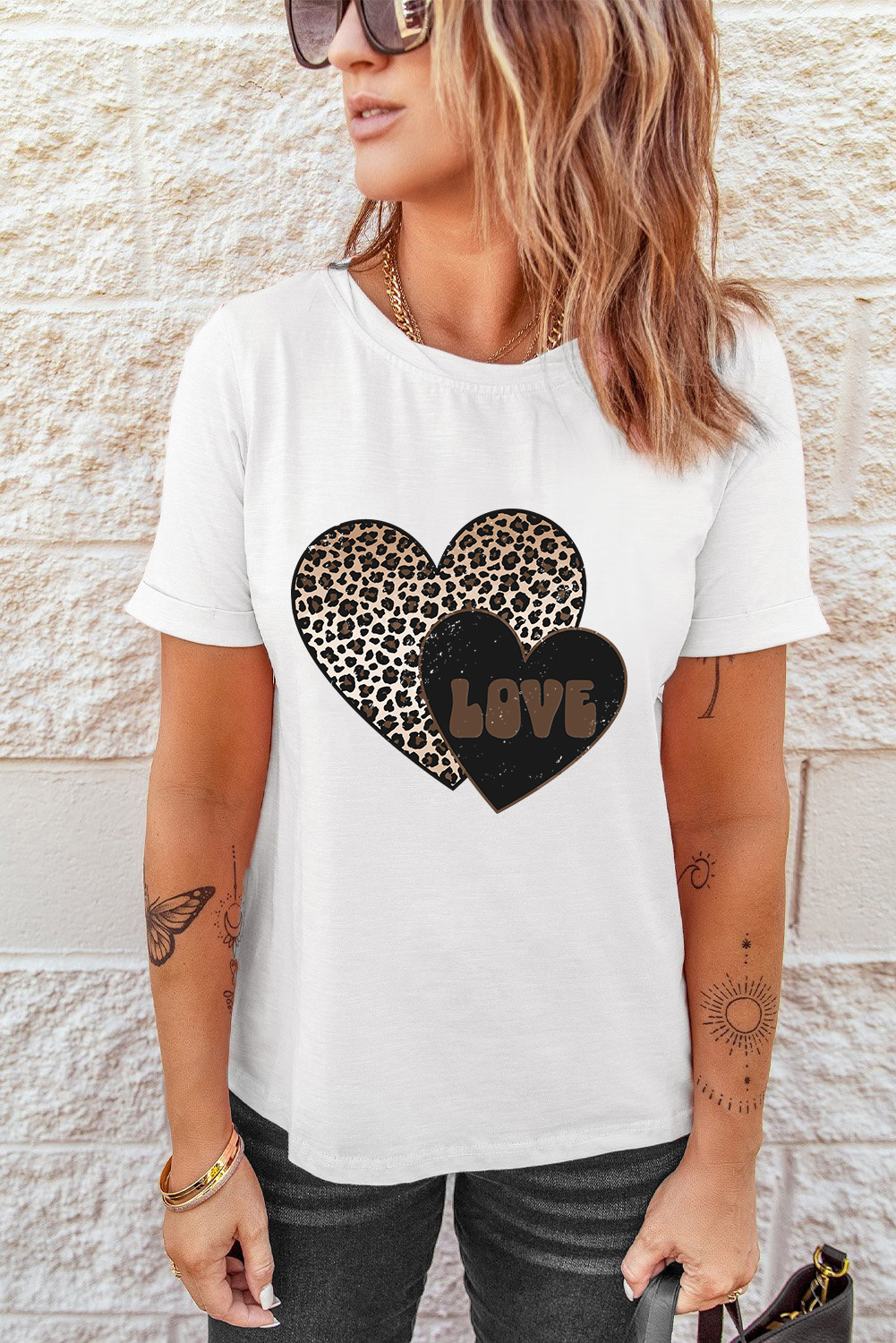White Leopard LOVE Double Heart Printed Valentines Graphic Tee - loveforevers