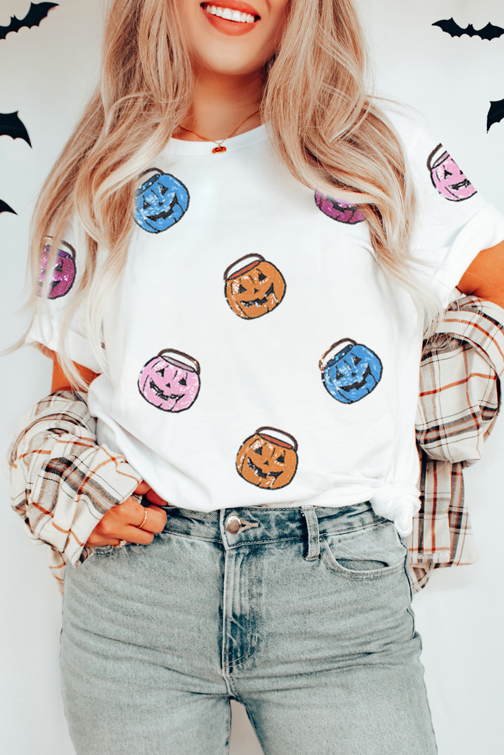 White Sequin Pumpkin Face Patched Crew Neck Holiday T Shirt - loveforevers