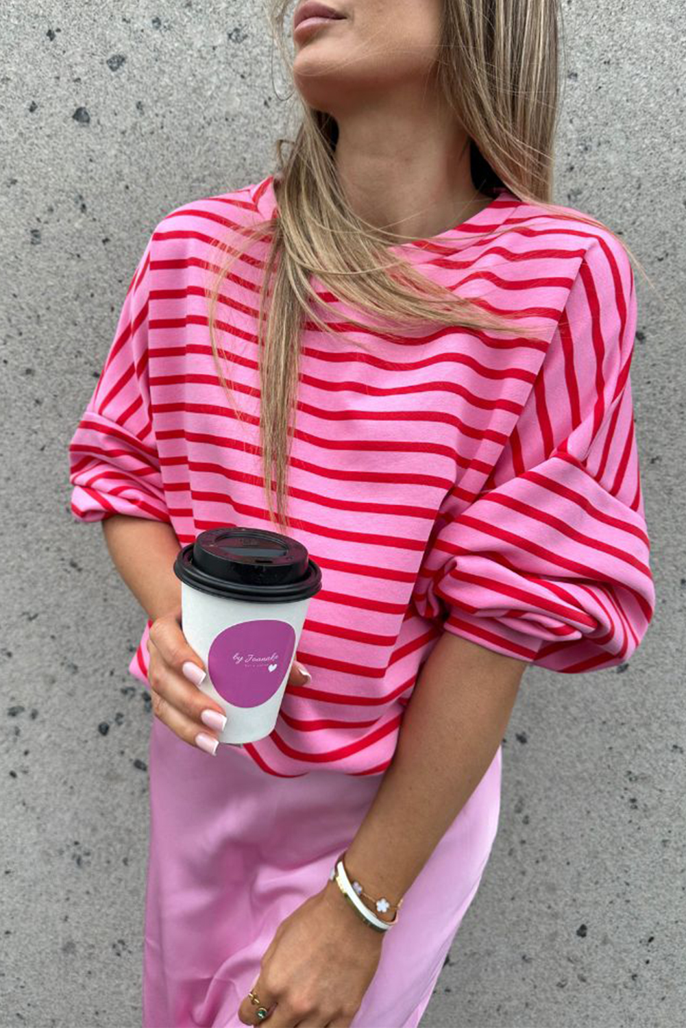 Sachet Pink Striped Print Crew Neck Drop Shoulder Sweatshirt - loveforevers