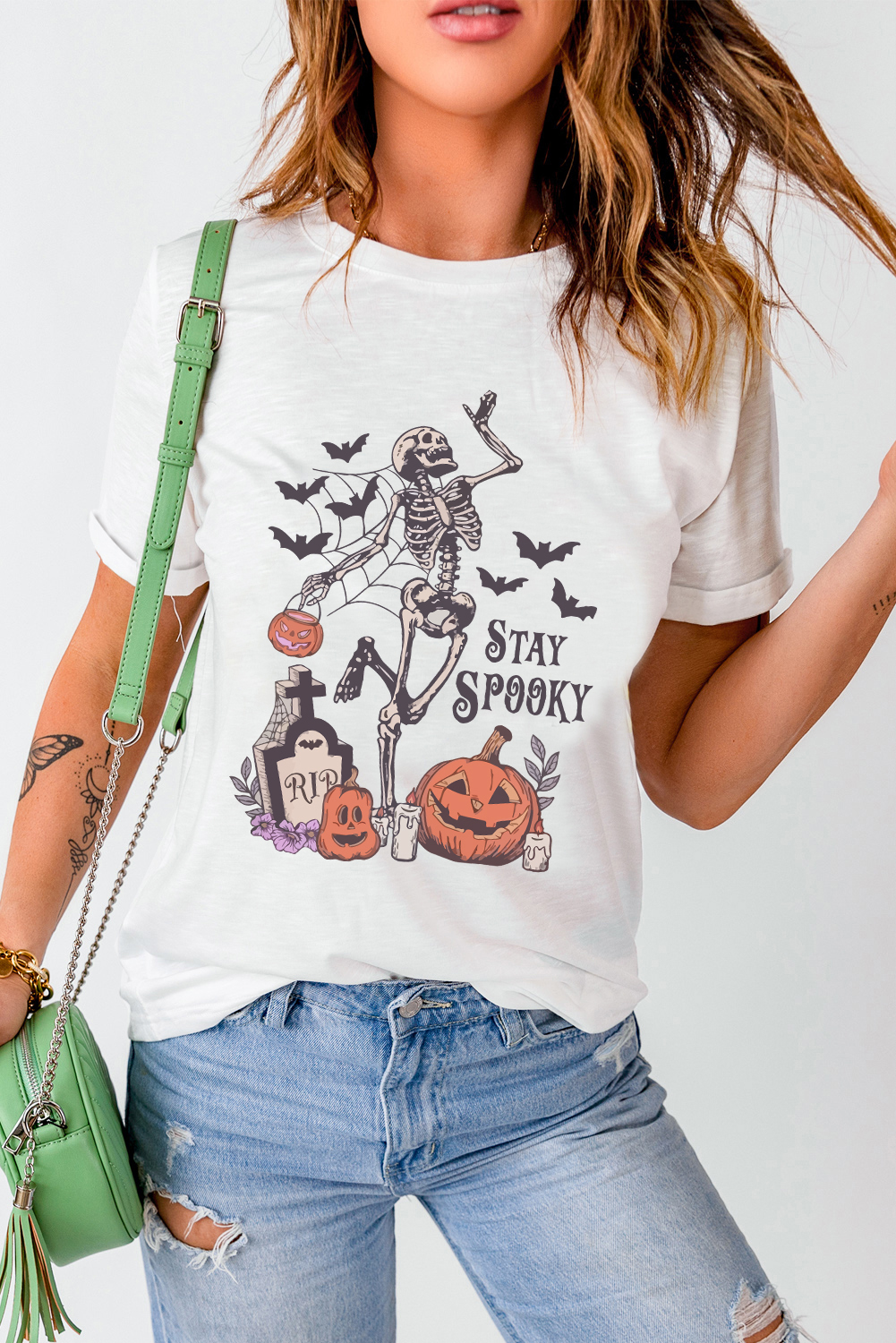 White Skull Pumpkin Face STAY SPOOKY Graphic Halloween T Shirt - loveforevers