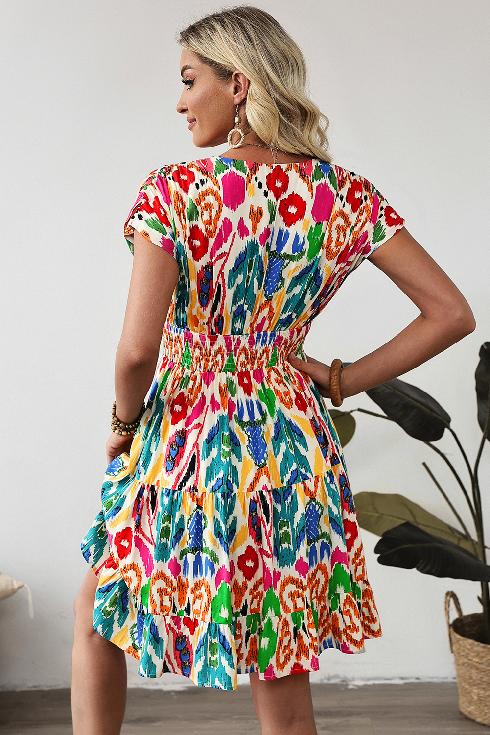 Sky Blue Abstract Print V Neck Dolman Sleeve Ruffle Tiered Mini Dress - loveforevers