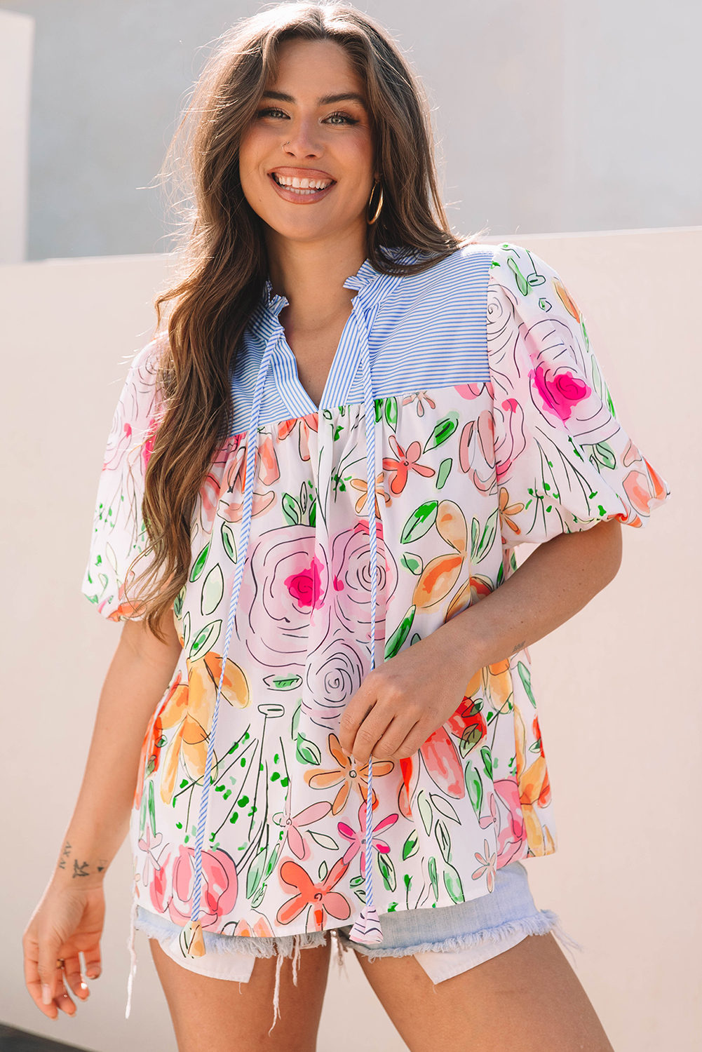 Multicolour Floral Print Striped Yoke Frilled V Neck Puff Short Sleeve Blouse - loveforevers