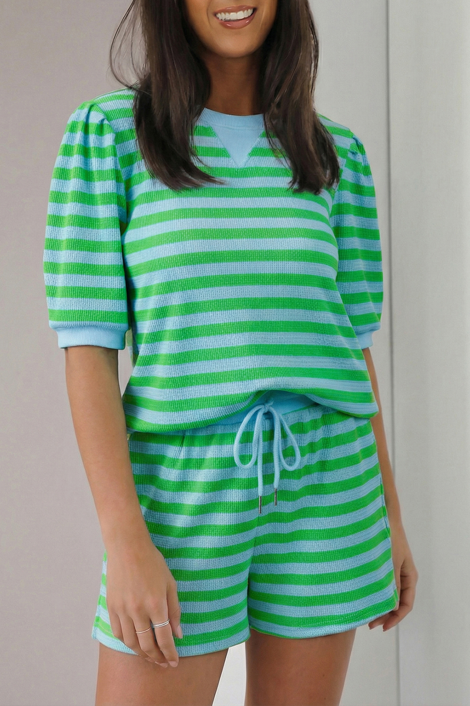 Green Stripe Puff Short Sleeve T Shirt Matching Shorts Set - loveforevers