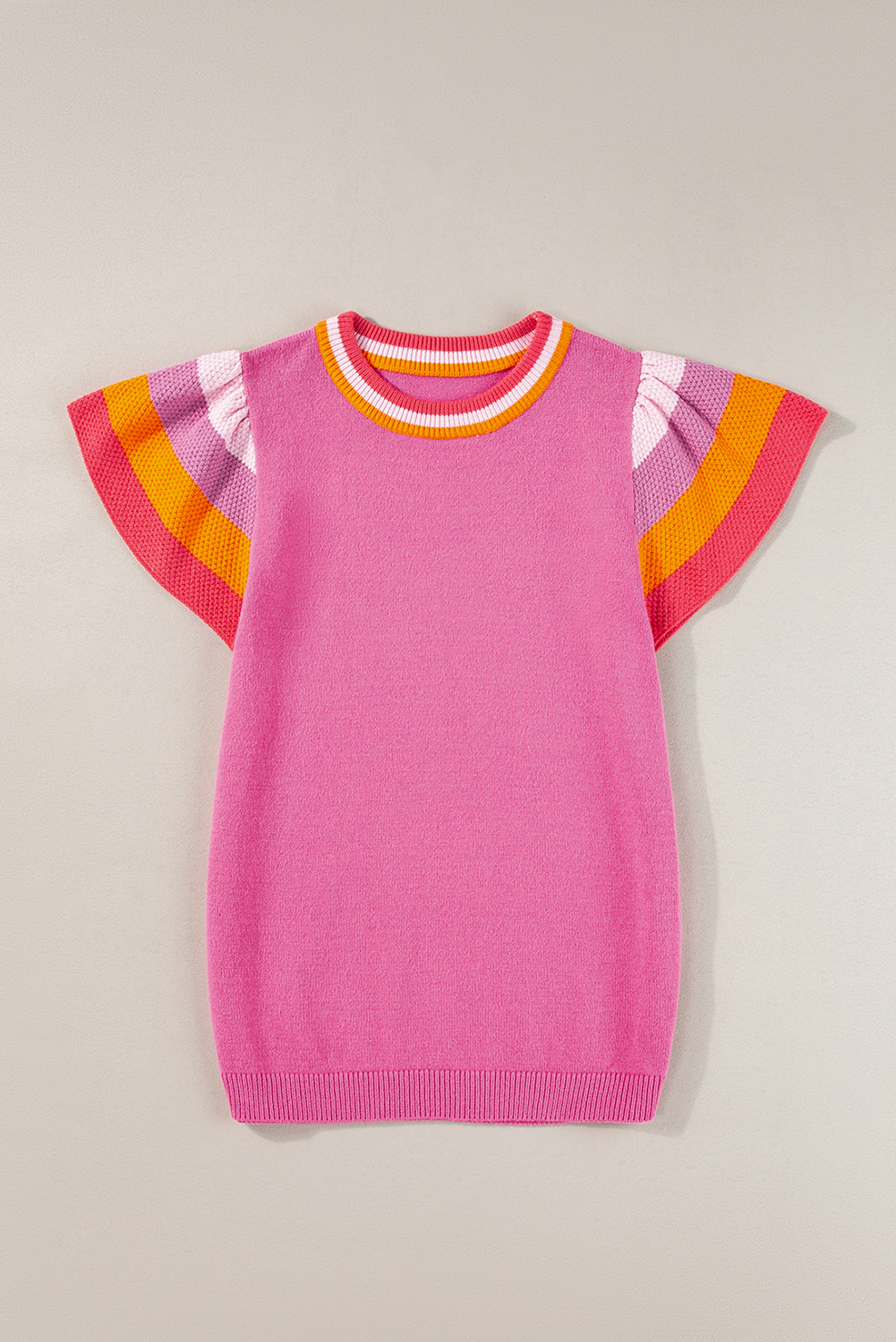 Bright Pink Contrast Flutter Sleeves Knitted Sweater T Shirt - loveforevers