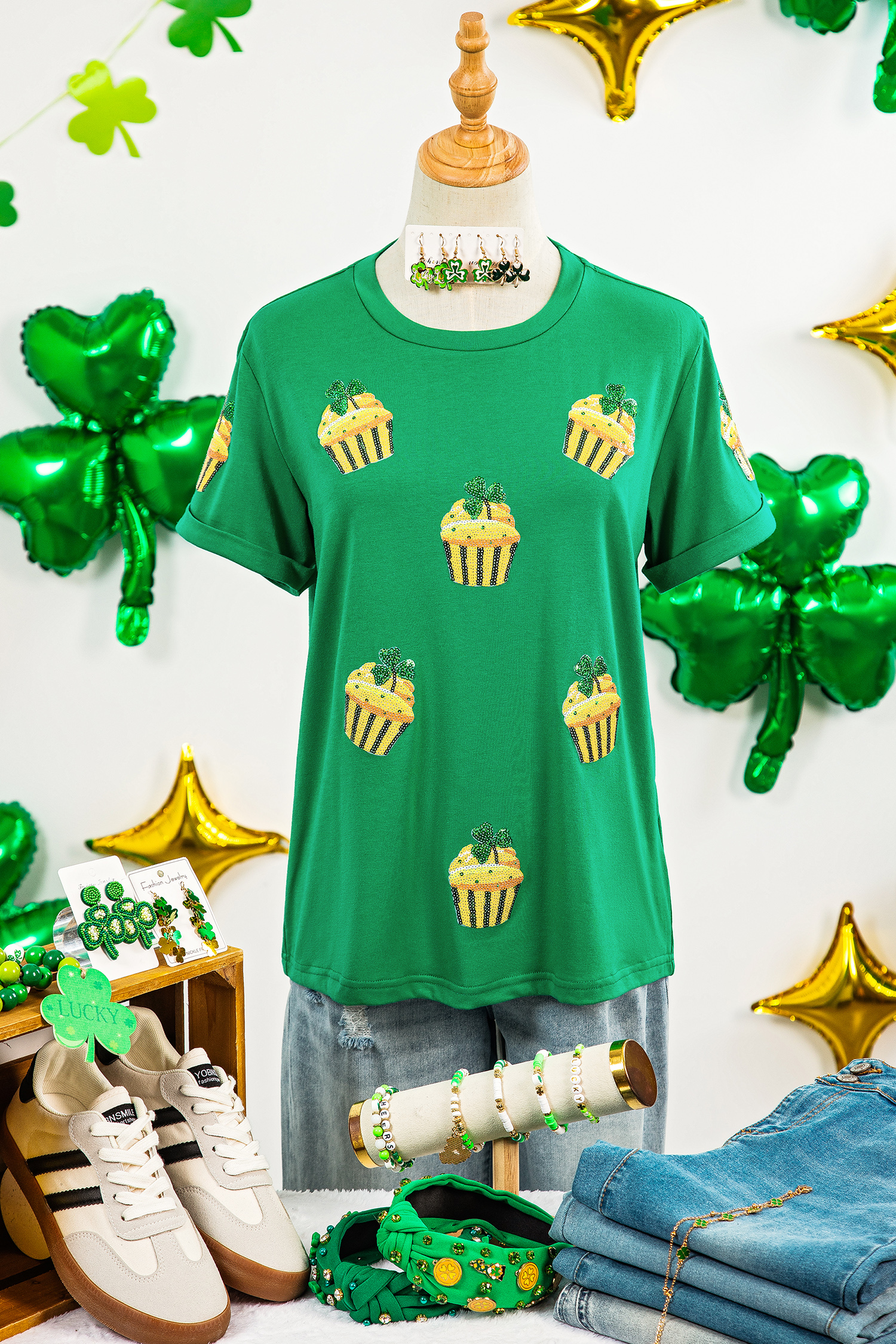 Bright Green St Patricks Day Sequin Cupcake Graphic T Shirt - loveforevers