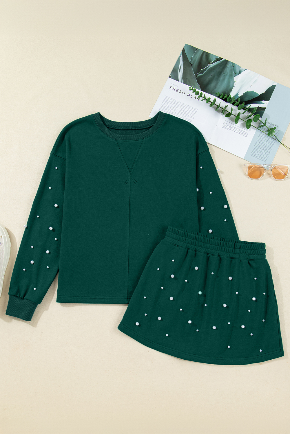 Dark Green Pearl Embellished Drop Shoulder Pullover Elastic Waist Mini Skirt Set - loveforevers