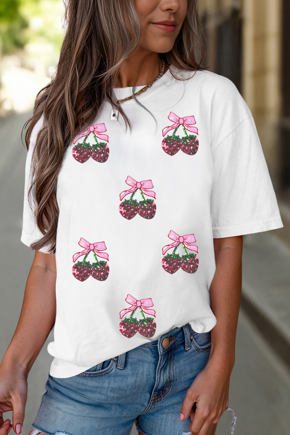 White Sequin Bow Strawberry Graphic Crew Neck T Shirt - loveforevers
