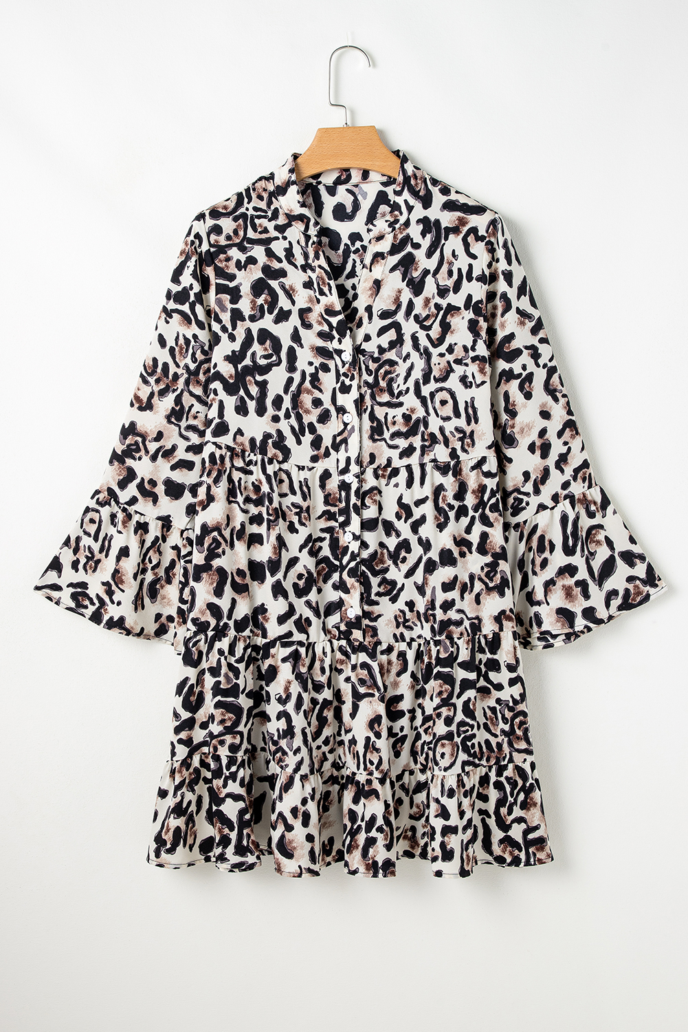 Khaki Leopard Print Buttoned Front 3/4 Sleeve Tiered Ruffled Hem Dress - loveforevers