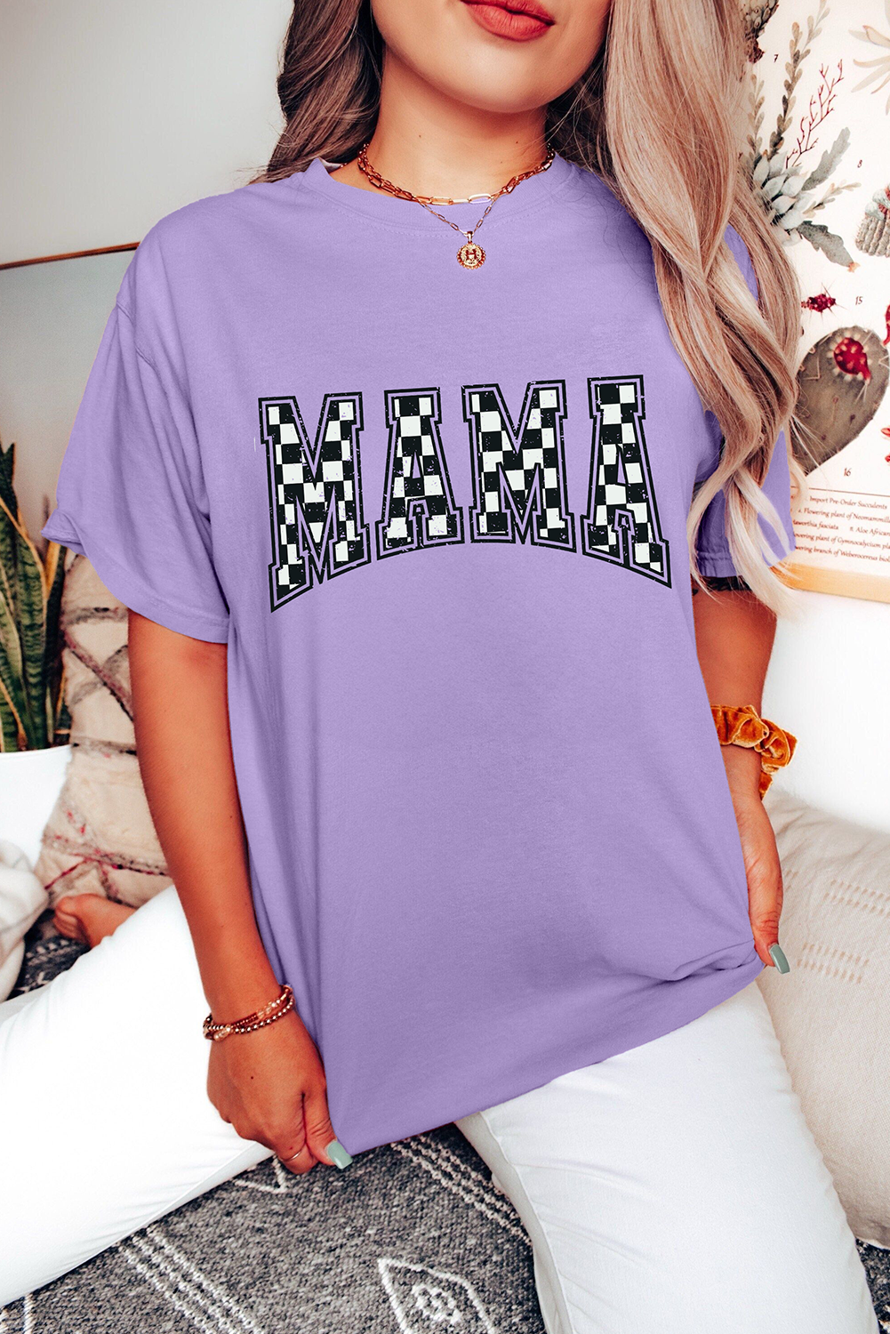 Wisteria Checkerboard MAMA Graphic Crewneck Tee - loveforevers