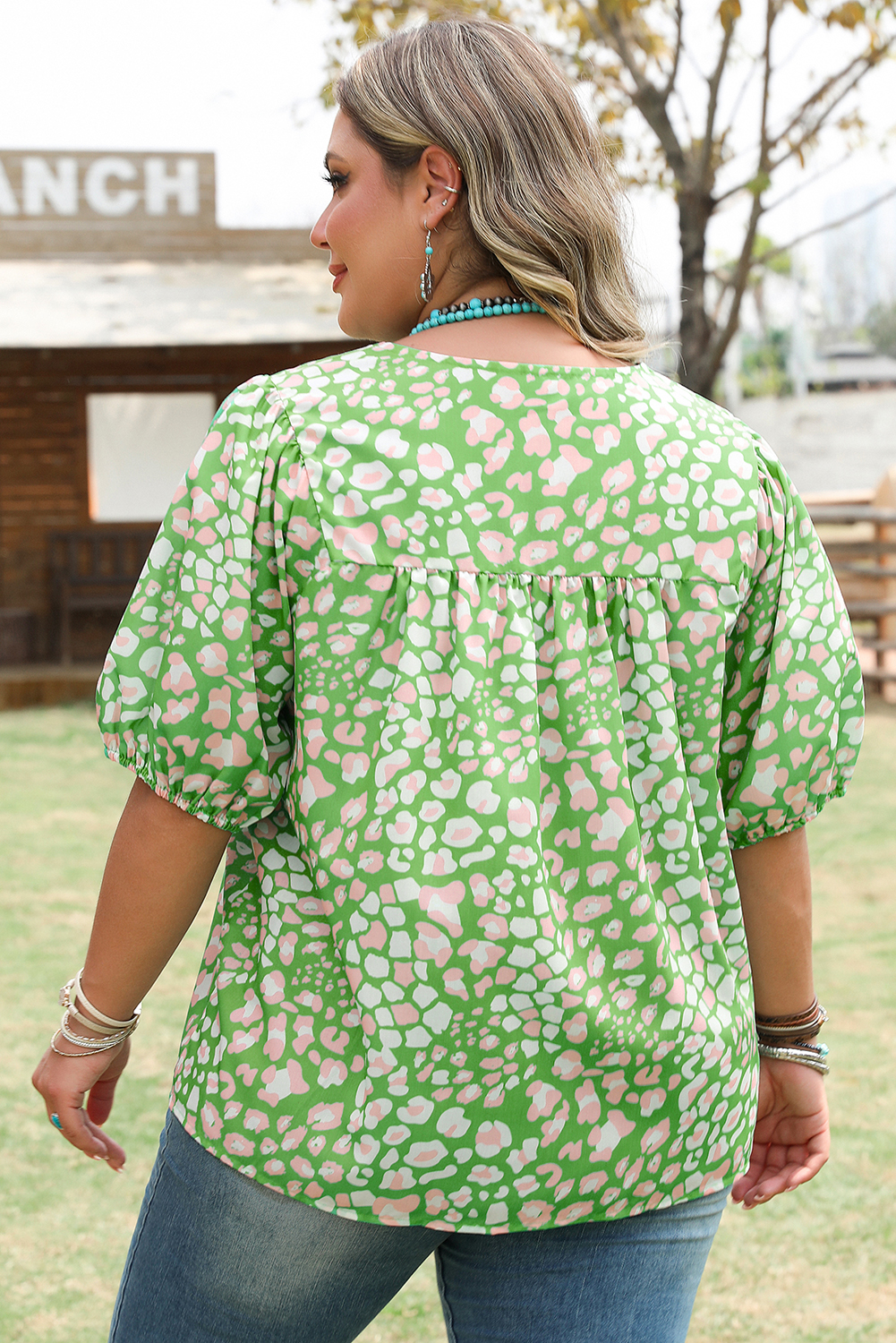 Green Abstract Leopard Tied Front Flutter Sleeve Blouse - loveforevers