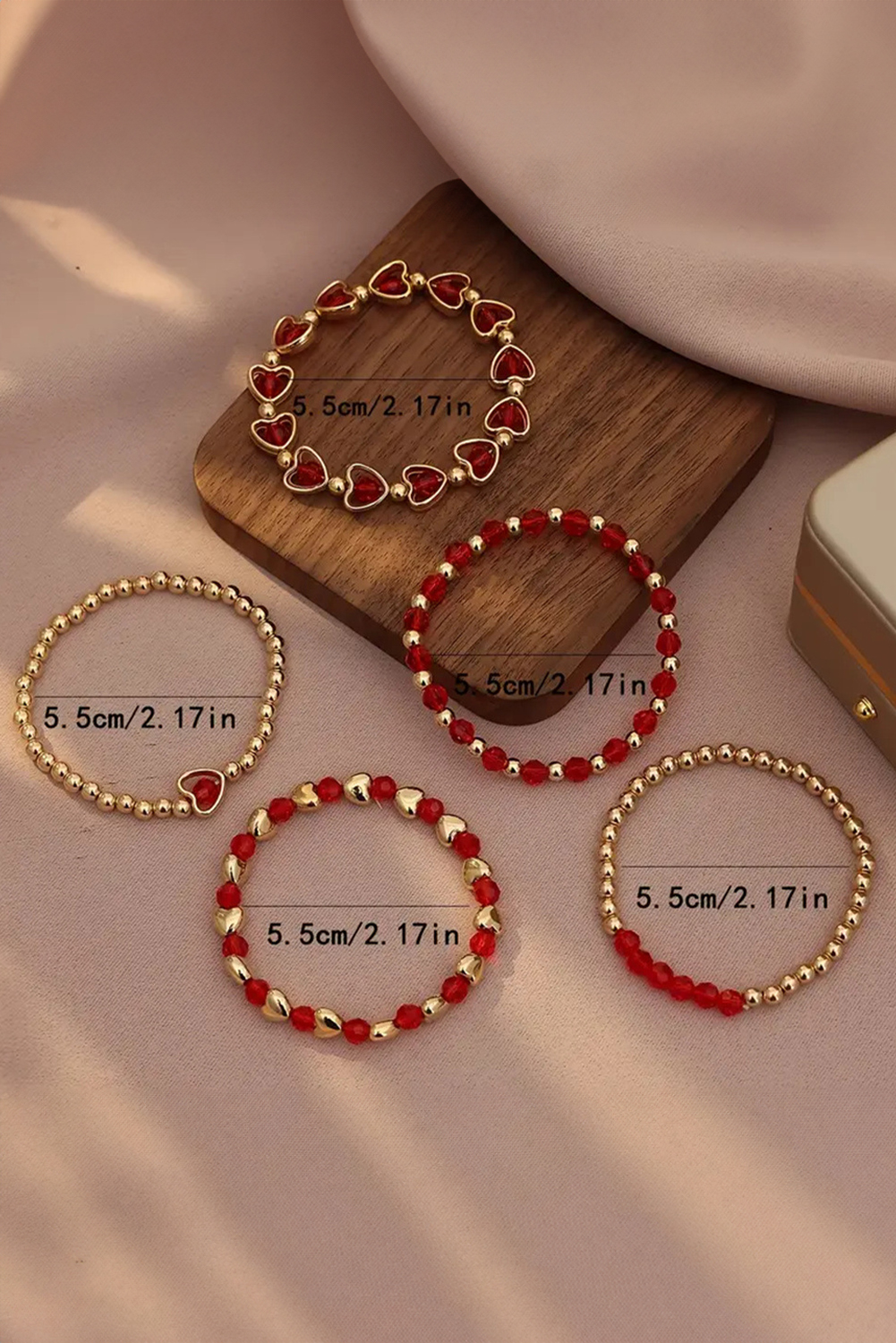 Fiery Red Heart Shape Plated Beaded Elastic Bracelet Set - loveforevers